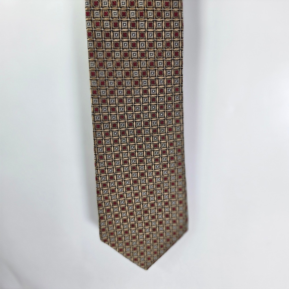Daniel Cremieux Tie Mens‎ Italian Silk Geometric Medallion Gold Red Handmade USA